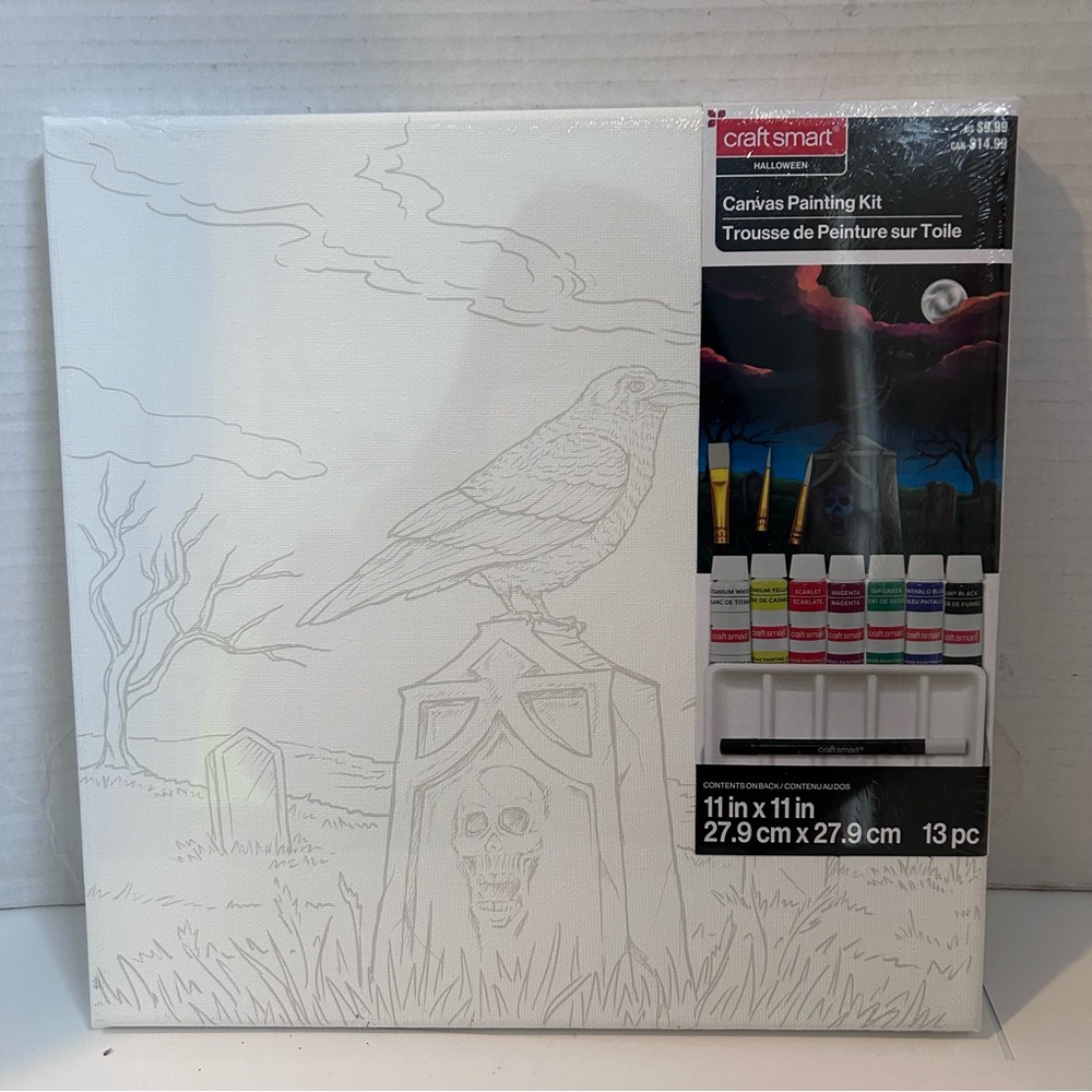 11” x 11” Craft Smart Canvas Painting Kit with Raven/tombstone Design